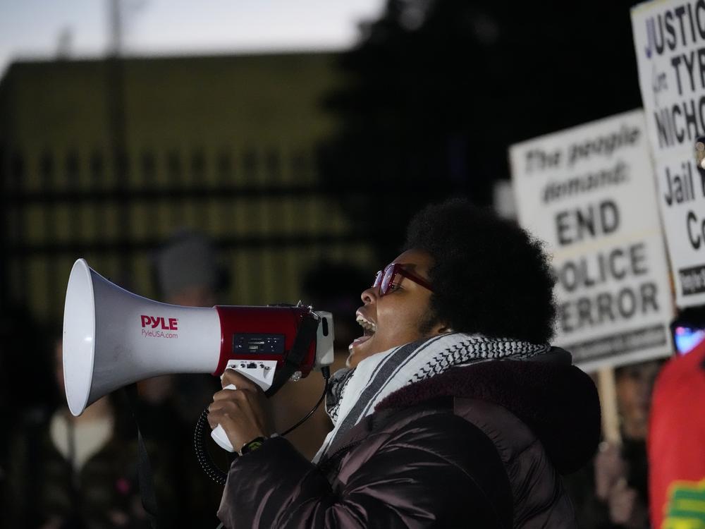 Amber Sherman speaks as protesters gather Jan. 27, 2023, in Memphis, Tenn., prior to a release of police video depicting five Memphis officers beating Tyre Nichols, whose death resulted in murder charges and provoked outrage at the country's latest instance of police brutality.
