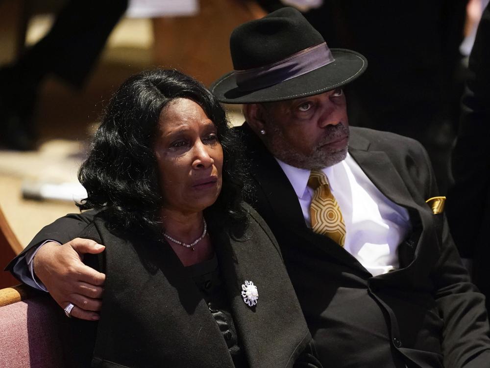 RowVaughn Wells cries as she and her husband Rodney Wells attend the funeral service for her son Tyre Nichols in Memphis, Tenn., on Feb. 1, 2023. Nichols died following a brutal beating by Memphis police after a traffic stop.