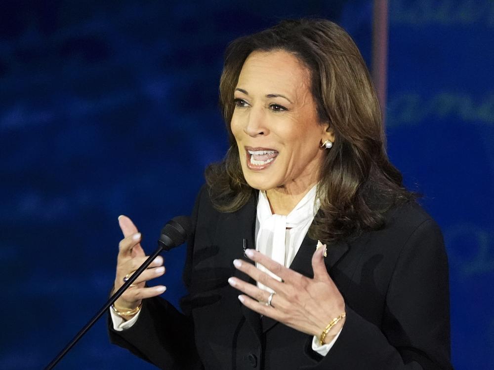 Democratic presidential nominee Vice President Kamala Harris speaks during a presidential debate with Republican presidential nominee former President Donald Trump at the National Constitution Center in Philadelphia.