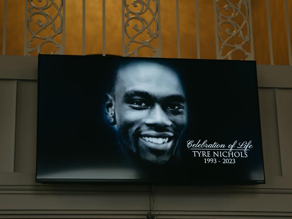 A screen at the entrance of Mississippi Boulevard Christian Church displays the celebration of life for Tyre Nichols on February 1, 2023 in Memphis, Tennessee.