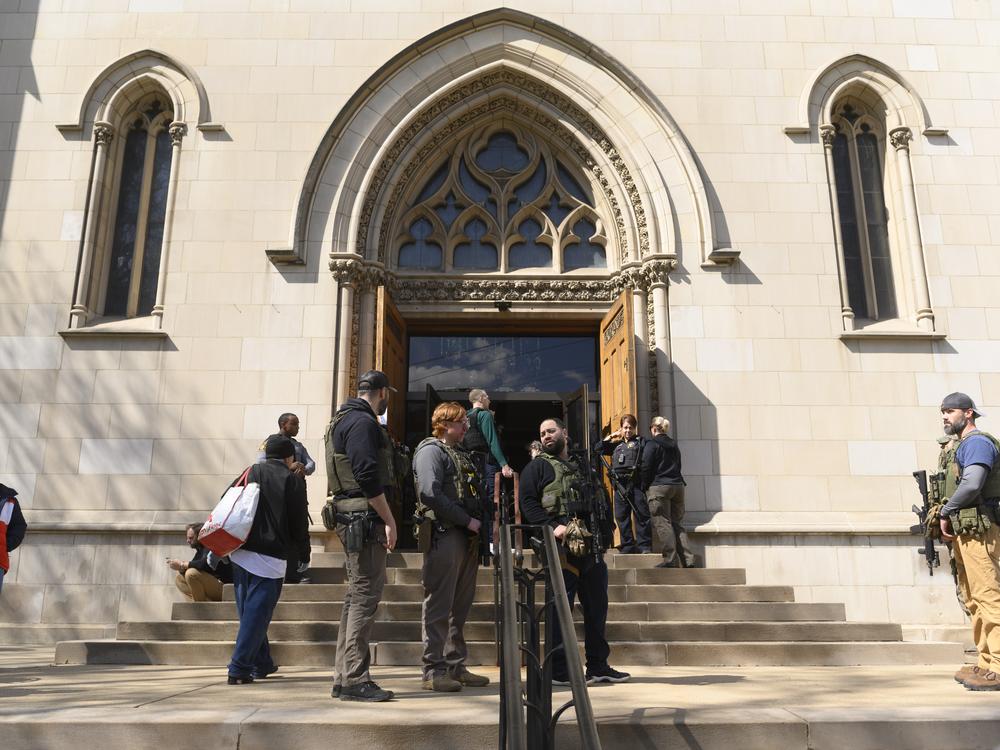 Police maintain a presence following a school lockdown after 911 calls falsely reported a gunman in Oakland Catholic and Pittsburgh Central Catholic schools on March 29, 2023.