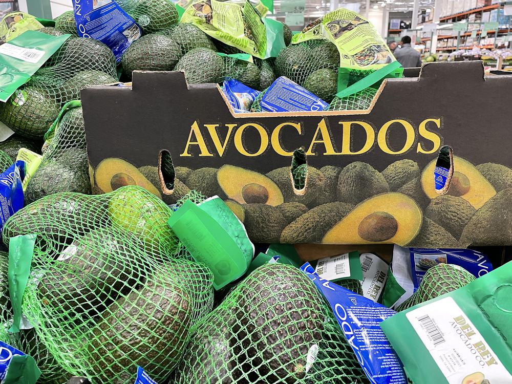 Bags of avocados are displayed on a shelf at a Costco in Novato, California.