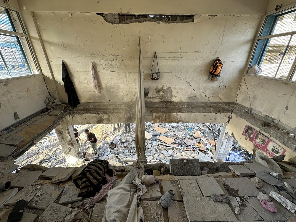 Rubble is strewn inside the school.