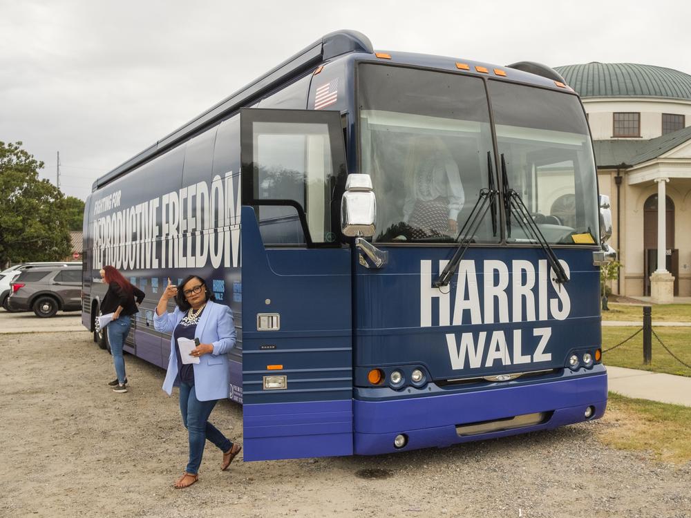 Georgia US House Representative Nikema Williams leaves the bus carrying her and other Harris surrogates on a reproductive rights tour of Georgia, at a stop in Macon. 