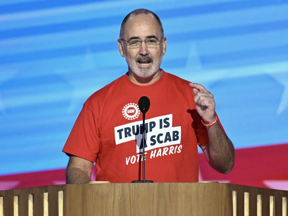 UAW President Shawn Fain speaks on the first day of the Democratic National Convention in Chicago, Illinois, on August 19, 2024.