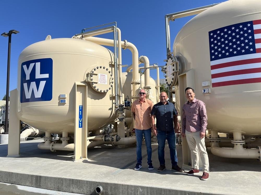 John Brundahl (left), production superintendent, Todd Colvin, chief water systems operator, and Mark Toy, general manager, run the PFAS treatment plant at the Yorba Linda Water District in Orange County, Calif.