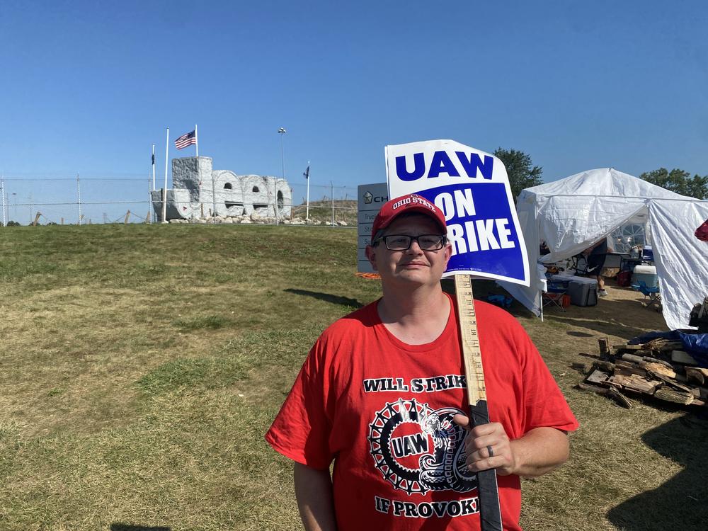 Cooper on the picket line outside the Jeep plant on October 3, 2023. 