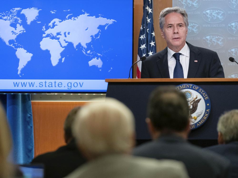 Secretary of State Antony Blinken speaks during a news conference about Russia's election interference at the Department of State in Washington on Friday.