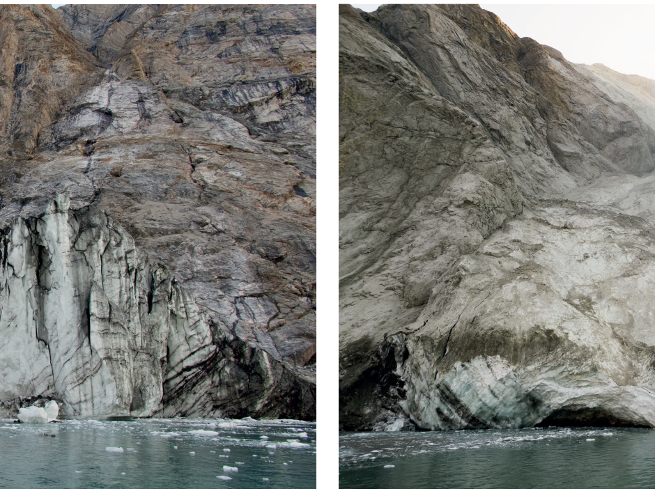 Images taken from Dickson fjord show before (August 2023) and after (September 2023) photos of the mountain peak and glacier where a large landslide triggered a tsunami.