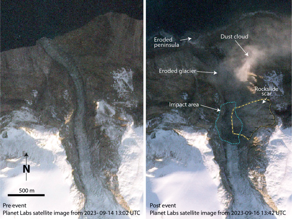 Satellite images show a mountain top and glacier before and after a landslide.