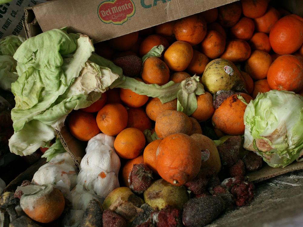 A box of food scraps that will be composted sits at a waste transfer station in San Francisco.