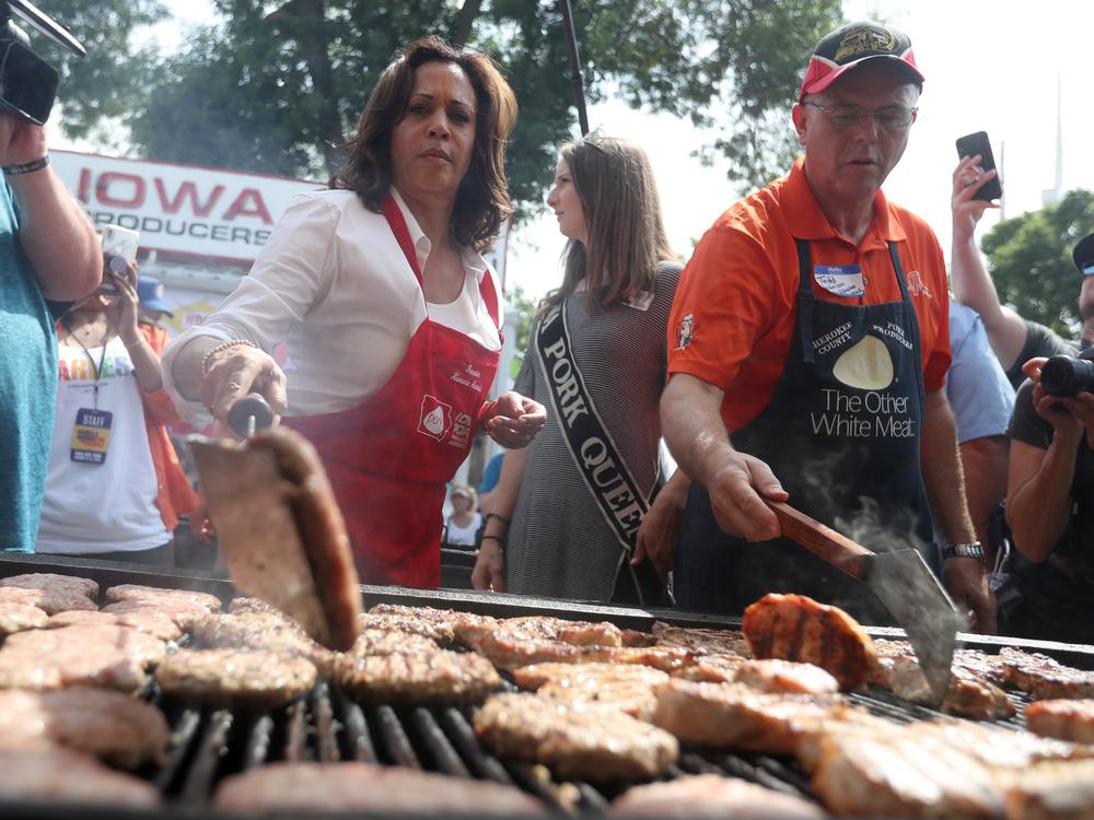 Kamala Harris, then a U.S. senator and Democratic presidential candidate, cooks pork burgers at the Iowa Pork Producers Association tent while attending the Iowa State Fair in 2019 in Des Moines, Iowa.