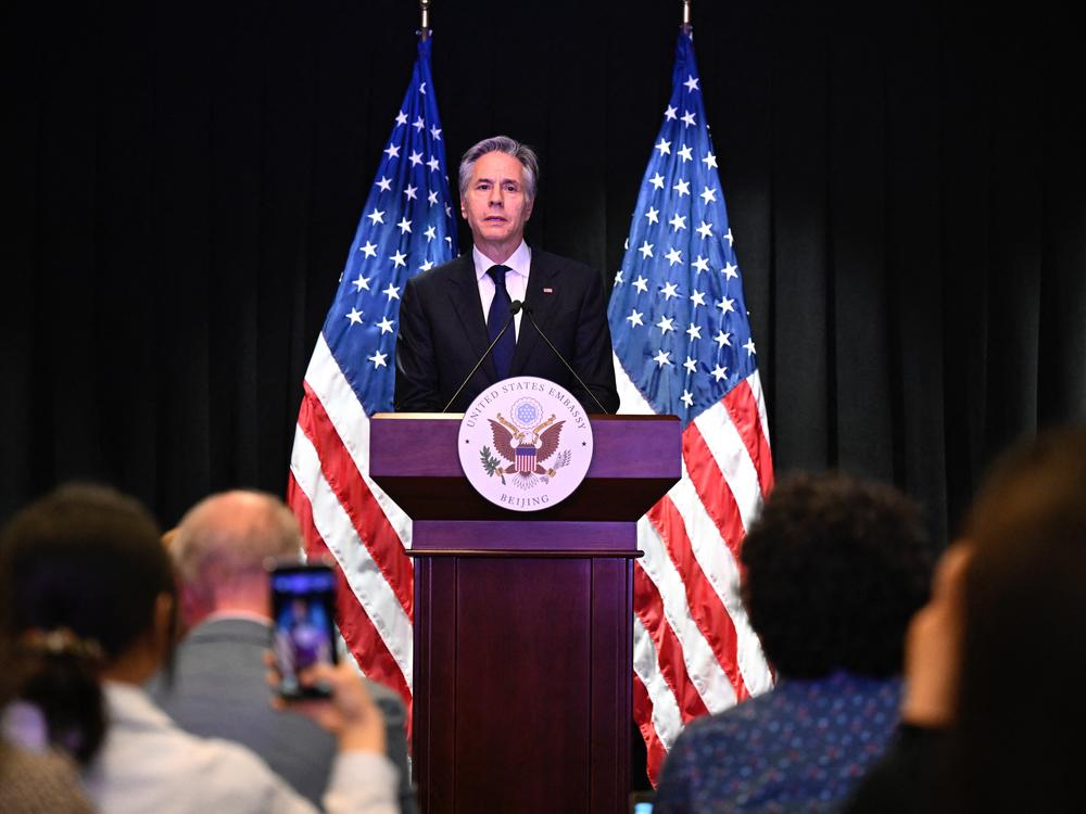 US Secretary of State Antony Blinken speaks during a press conference at the US embassy in Beijing on April 26.