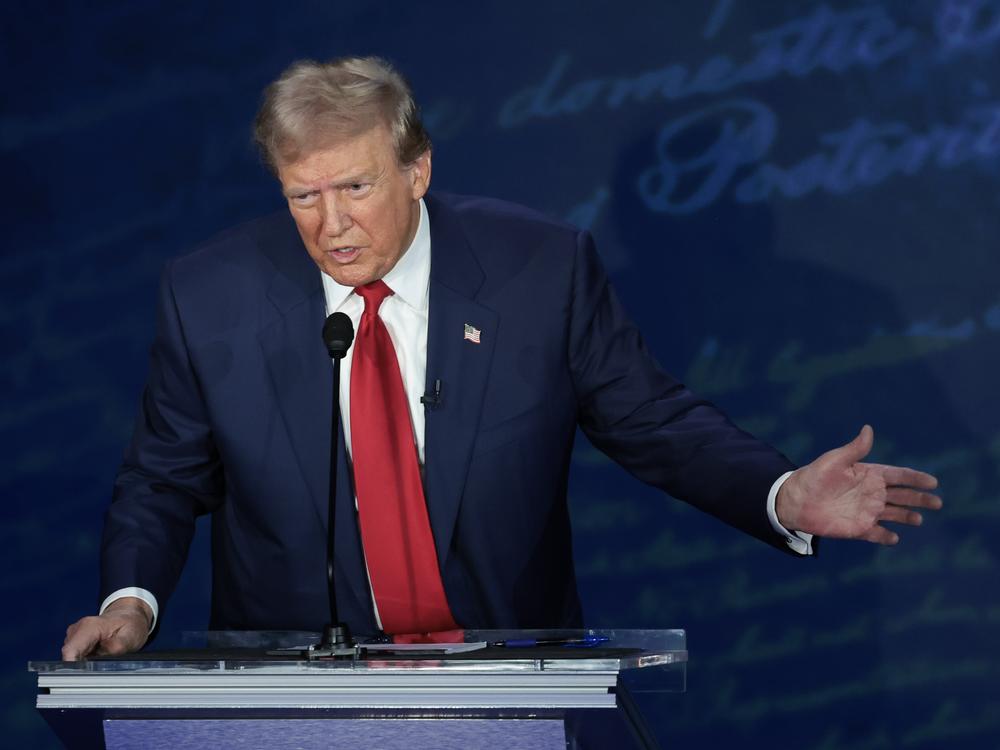 Republican presidential nominee, former U.S. President Donald Trump, debates Democratic presidential nominee, U.S. Vice President Kamala Harris, for the first time during the presidential election campaign at The National Constitution Center on Sept.10, 2024 in Philadelphia.