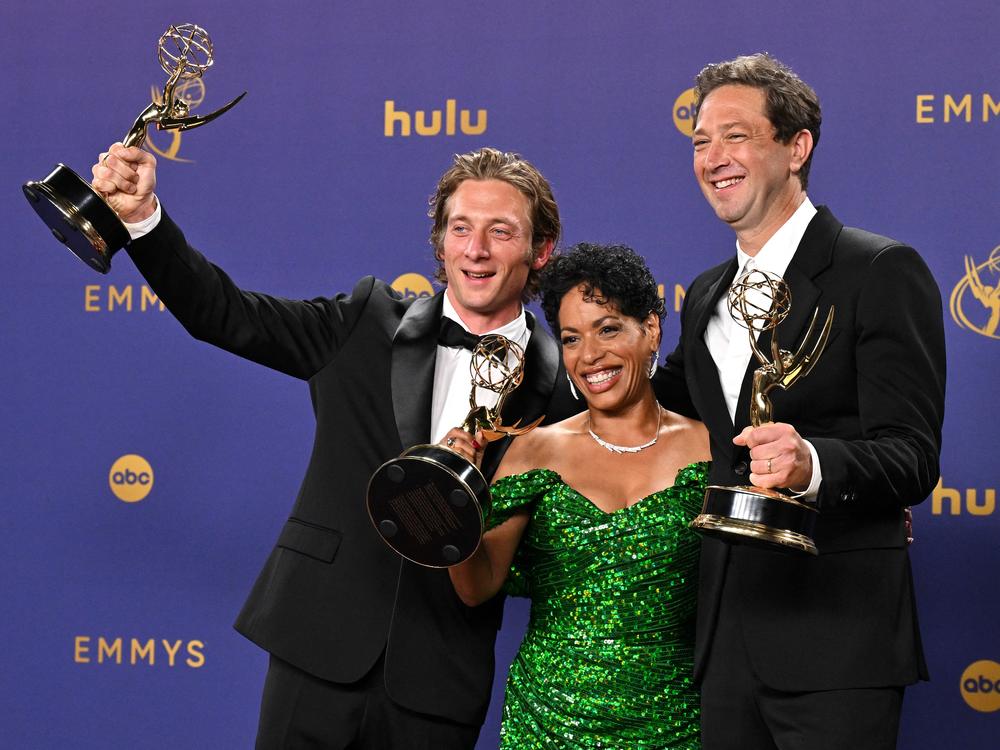Jeremy Allen White (left), Liza Colón-Zayas and Ebon Moss-Bachrach of <em>The Bear</em> at the 76th Emmy Awards in Los Angeles.