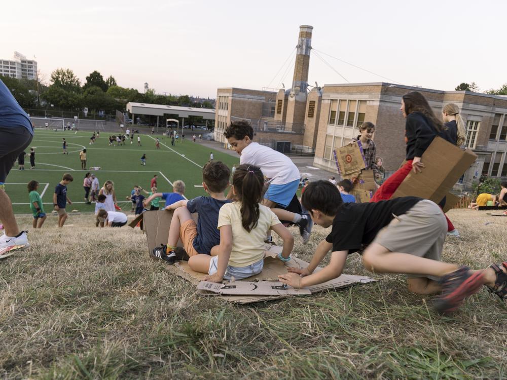 Kids slide down a grassy hill on scraps of cardboard while waiting for the Vaux’s Swifts to gather at sunset in Portland, Oregon.