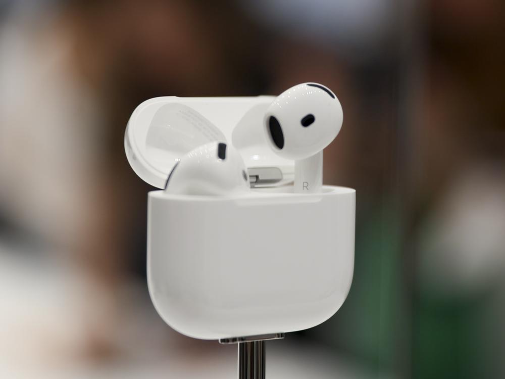AirPods are displayed during an announcement of new products at Apple headquarters on Sept. 9 in Cupertino, Calif.