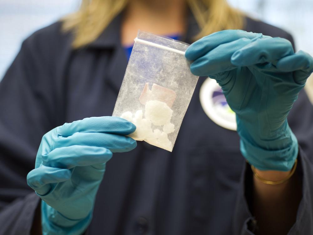 A bag of 4-fluoro isobutyryl fentanyl which was seized in a drug raid is displayed at the Drug Enforcement Administration (DEA) Special Testing and Research Laboratory in Sterling, Va., on Aug. 9, 2016.