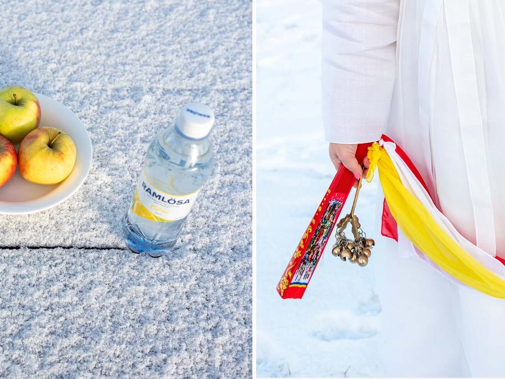 <strong><em>Left:</em></strong><em> An offering of Korean soju, apples and mineral water during a pre-ceremony ritual in Dronningmølle, Denmark. </em><strong><em>Right:</em></strong><em> Helena holds a fan and bells, shamanic tools, to call the spirits during the pre-ceremony ritual.</em>