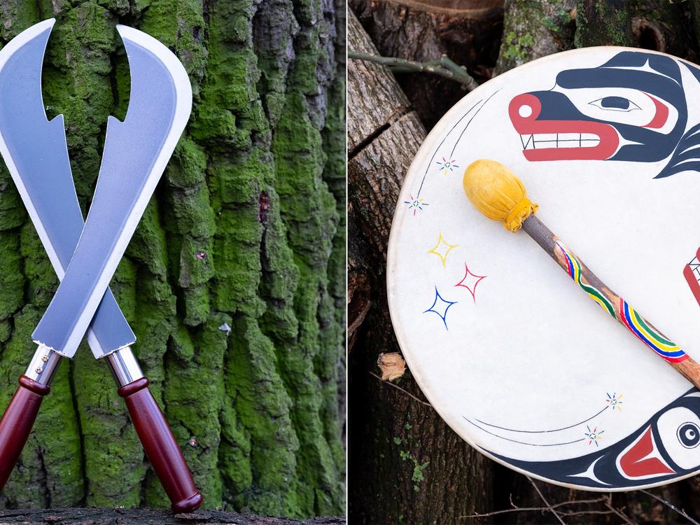 <strong><em>Left:</em></strong><em> Knives, shamanic tools, are used to cut negative energy. </em><strong><em>Right:</em></strong><em> A hand drum adorned with images of a bear and her cub, was painted by Stone, an artist from the Squamish Nation.</em>