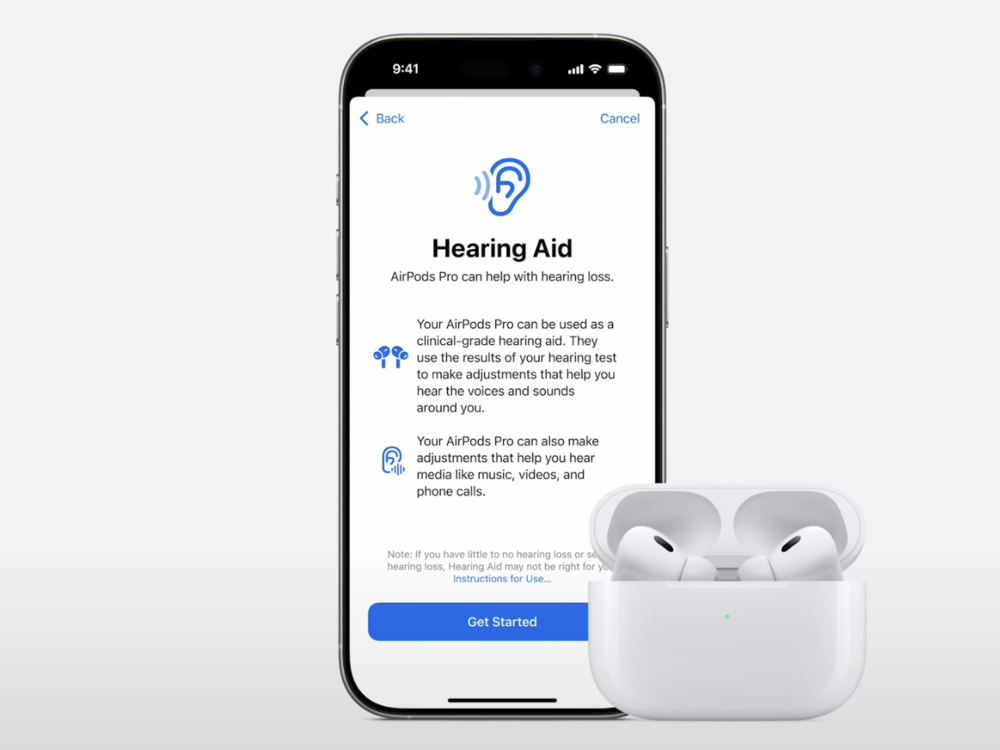 A screenshot of Apple's promotional video on YouTube, showing the upcoming new hearing aid feature for AirPods Pro 2 and iOS 18-compatible iPhones and iPads.