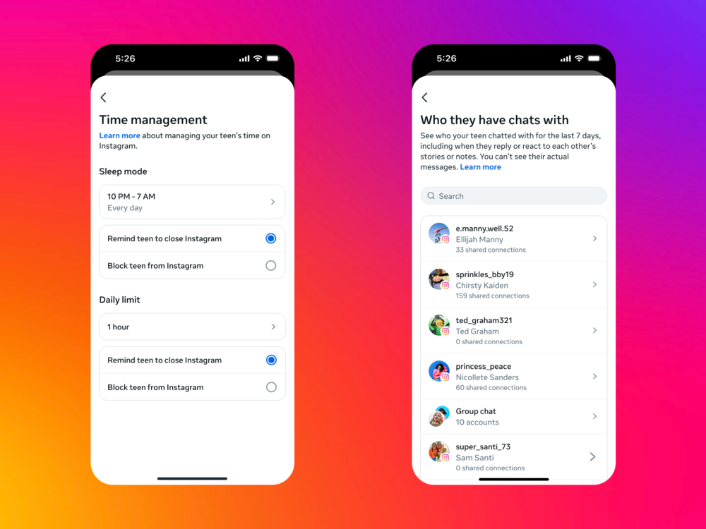  A view of what two features look like for Instagram's Teen Account, including the ability to set daily use limits and permitting parents to view with whom their teen kids are messaging. 