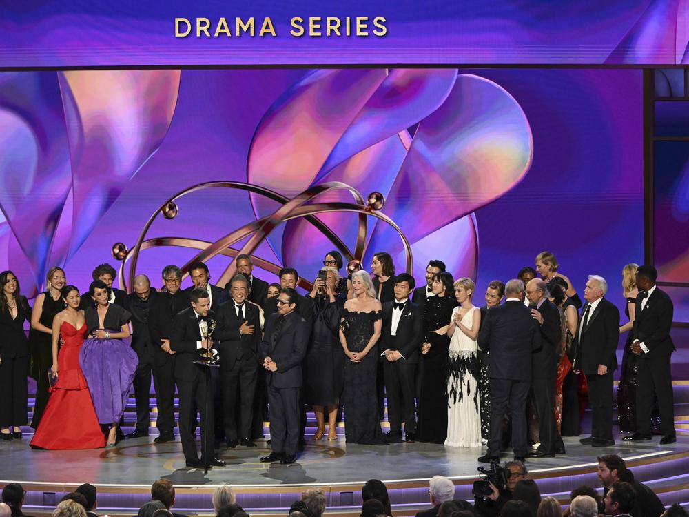 The team from <em>Shogun</em> accepts the Emmy award for outstanding drama series.