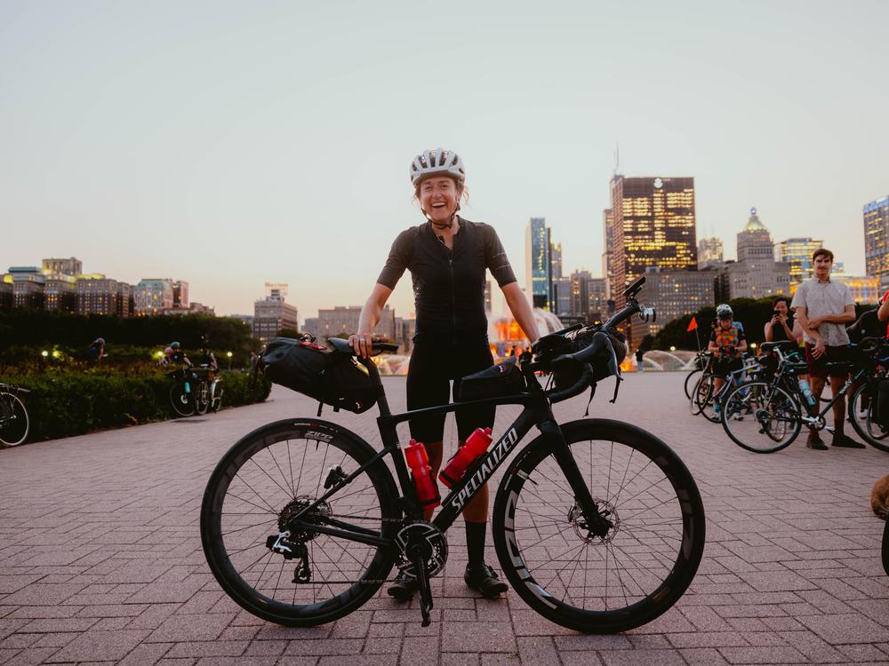 Lael Wilcox arrived at the finish of her around-the-world bike ride in Chicago on Sept. 11. She rode more than 18,000 miles.