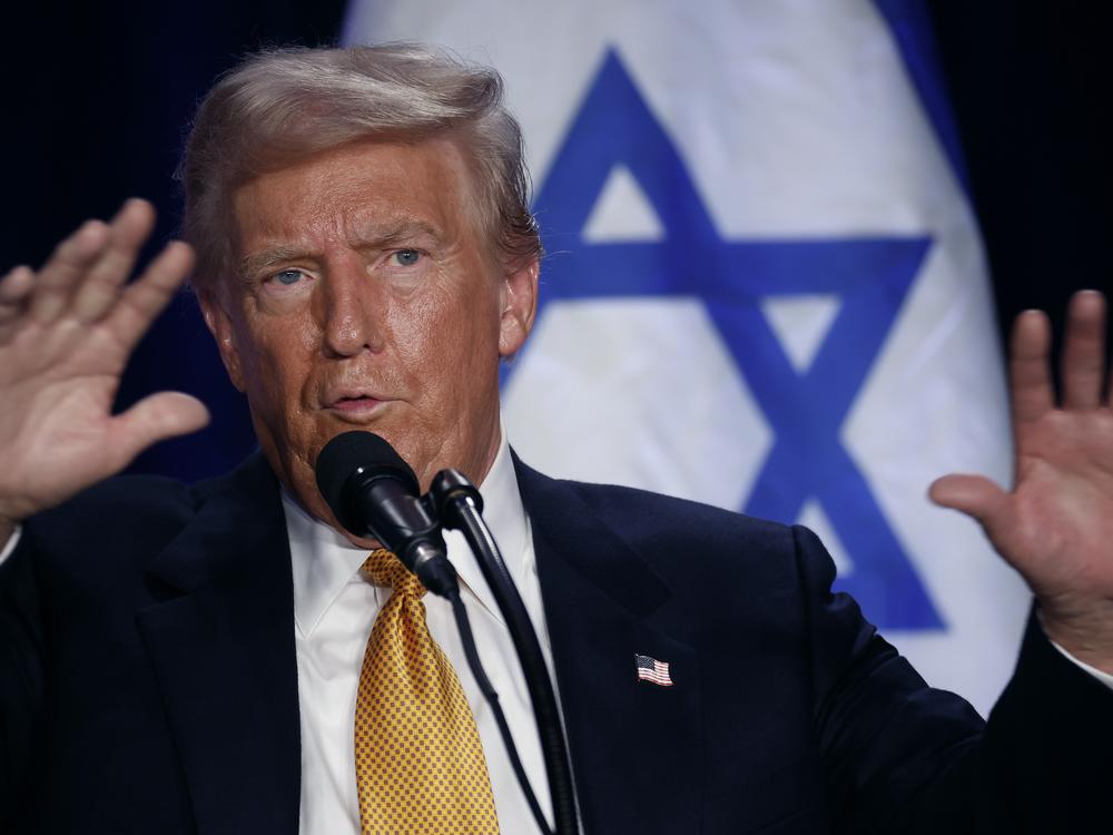 Former President Donald Trump speaks before prominent Jewish donors at an event titled 