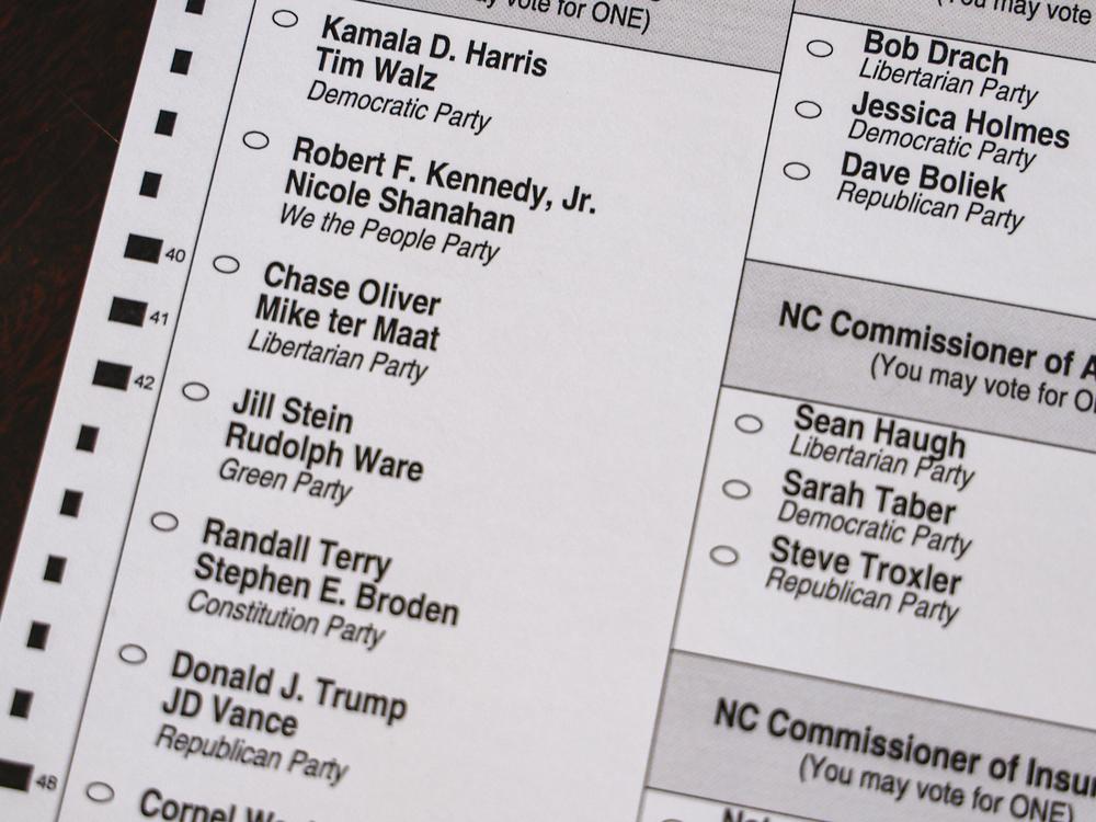 A ballot at the Mecklenburg County Board of Elections in Charlotte, N.C., Thursday, Sept. 5, 2024. (AP Photo/Nell Redmond)