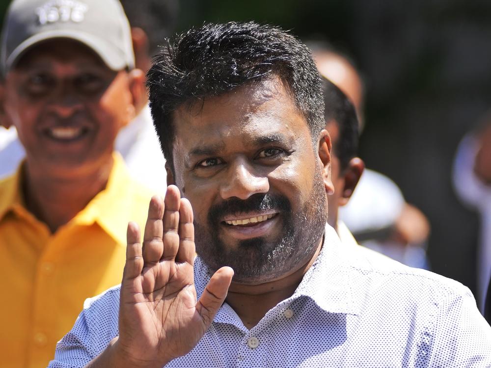 Leader and the presidential candidate of National People's Power Anura Kumara Dissanayake arrives at a polling station to cast his vote in Colombo, Sri Lanka, on Saturday.
