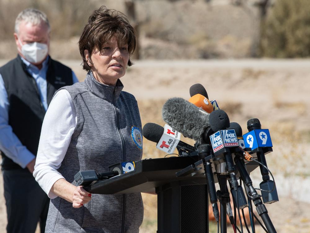 Yvette Herrell addresses the press during a visit to El Paso, Texas on March 15, 2021. Herrell is fighting to win back the congressional seat she lost to Rep. Gabe Vasquez in 2022. <br>
