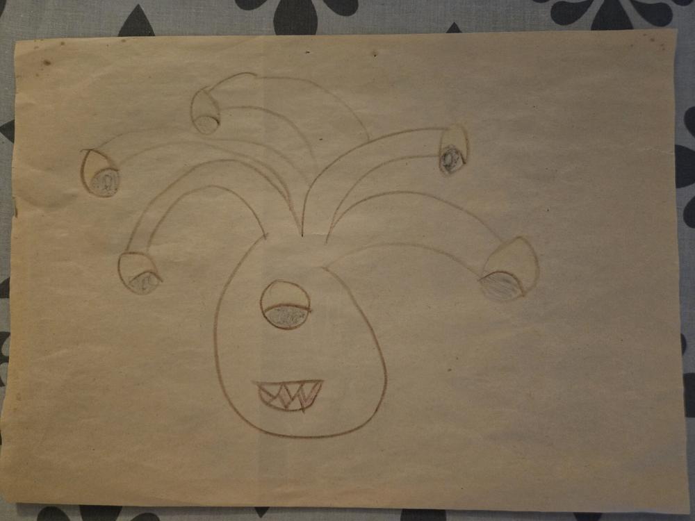  A drawing of a beholder, a Dungeons & Dragons monster, done by James Rubis' late daughter Gwen.
