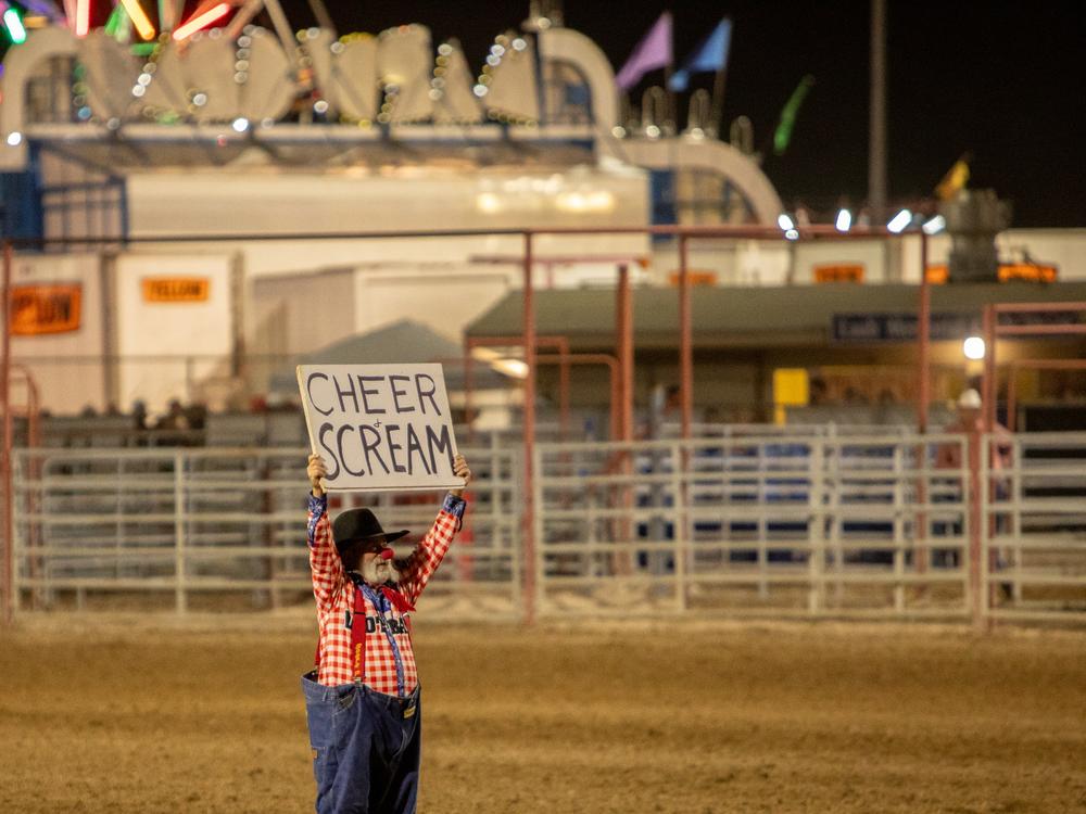 Rodeo clown at the Pahrump Fall Festival Rodeo in Pahrump, Nevada on Sept. 21, 2024.