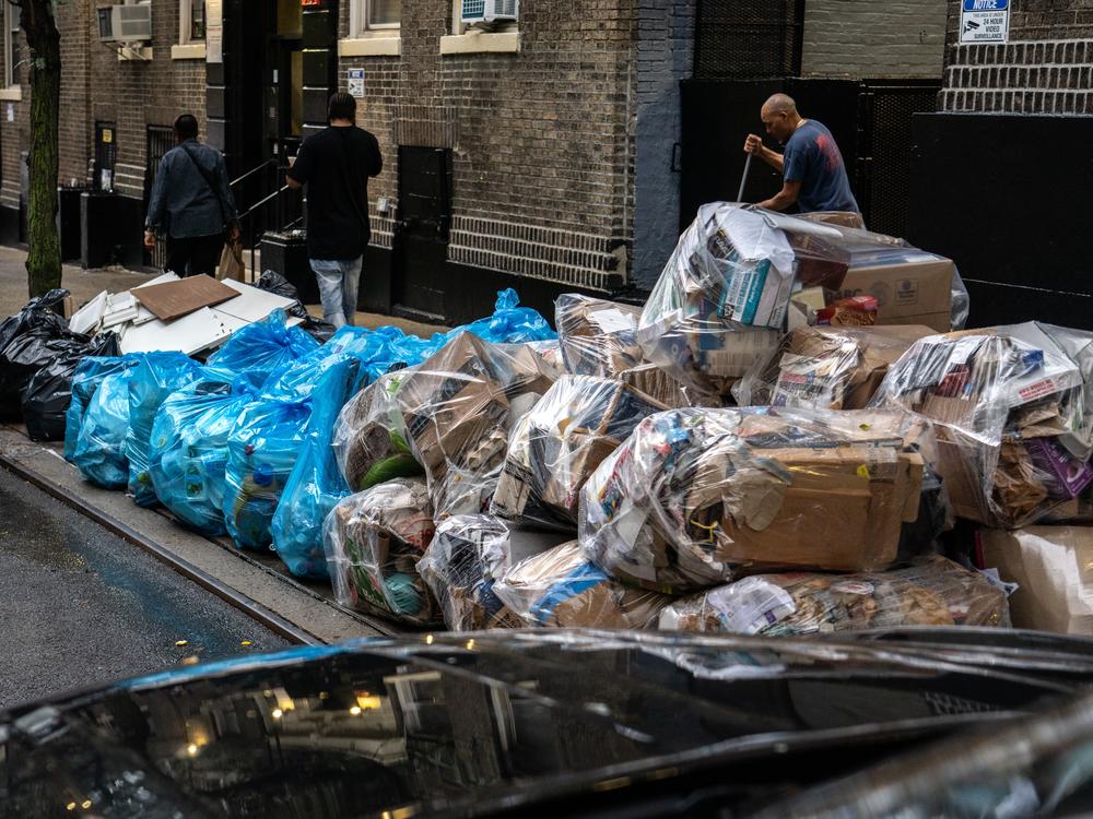 Plastic trash bags have essentially become a built-in feature of the city's streetscapes, including in this part of Harlem. 