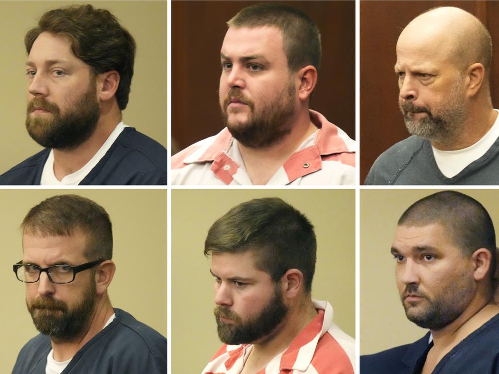 This combination of photos shows former Mississippi law enforcement officers who pleaded guilty to state and federal charges for torturing two Black men, from top left, former Rankin County sheriff’s deputies Hunter Elward, Christian Dedmon, Brett McAlpin, Jeffrey Middleton, Daniel Opdyke and former Richland police officer Joshua Hartfield, during court appearances Monday, Aug. 14, 2023, in Brandon, Miss.