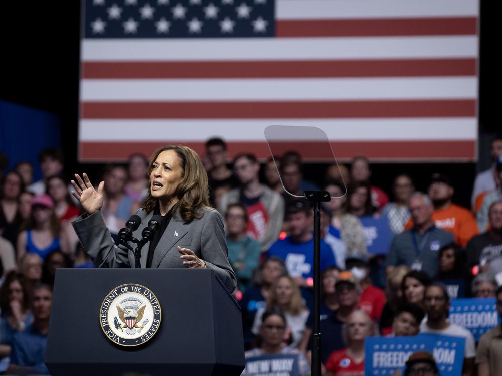 Vice President Kamala Harris speaks during a campaign rally at the Alliant Energy Center on Sept. 20 in Madison, Wis. Harris spoke to a capacity crowd of 10,500 during the event.