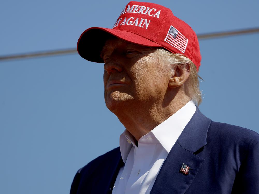 Former President Donald Trump speaks at a rally at the Aero Center Wilmington in Wilmington, N.C., on Saturday.