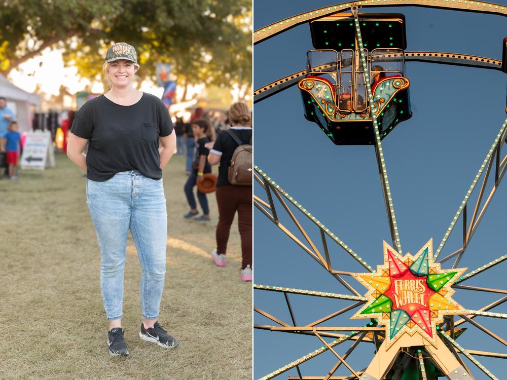 Left: Mary Beth Powell poses for a portrait at the Pahrump Fall Festival. Right: Folks enjoy the rides at the Pahrump Fall Festival. 