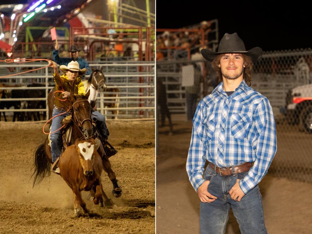 Left: Attendees enjoy the Calf Roping event at the Pahrump Fall Festival Rodeo. Right: Derek Hoskins poses for a portrait at the Pahrump Fall Festival.