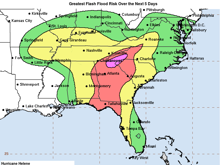 The impacts of Hurricane Helene are expected to be felt far inland, as shown by this map of flash flooding risks.