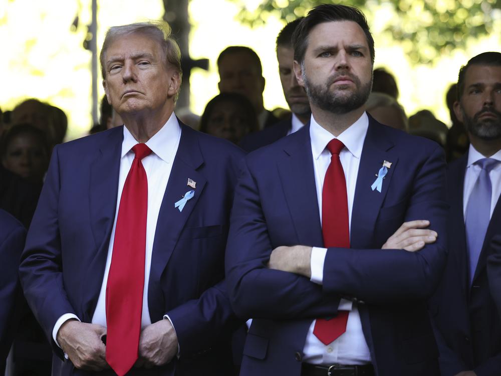 Republican presidential nominee former President Donald Trump and Republican vice presidential nominee Sen. JD Vance, R-Ohio, attend the 9/11 Memorial ceremony on the 23rd anniversary of the Sept. 11, 2001 attacks, Wednesday, Sept. 11, 2024, in New York.