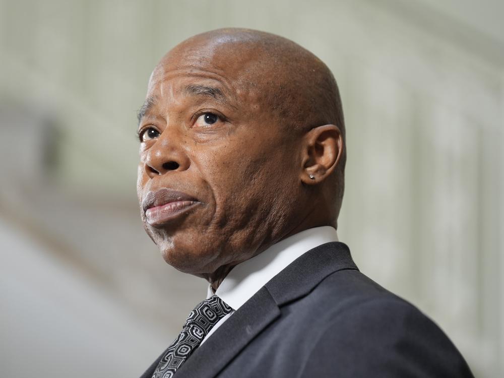 New York City mayor Eric Adams speaks to members of the press at a news conference in New York, Monday, Sept. 16, 2024.