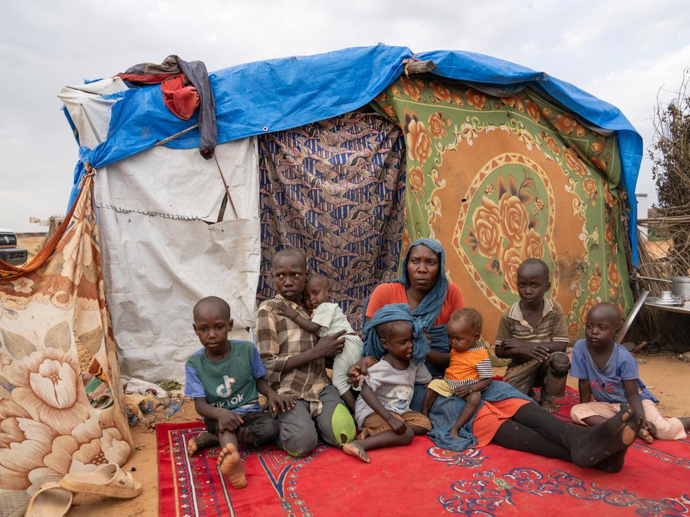 Suad Abdulaziz Hamid Ahmed, 29, sits with her children, plus some of her sister's children in the spontaneous settlement in Adré.