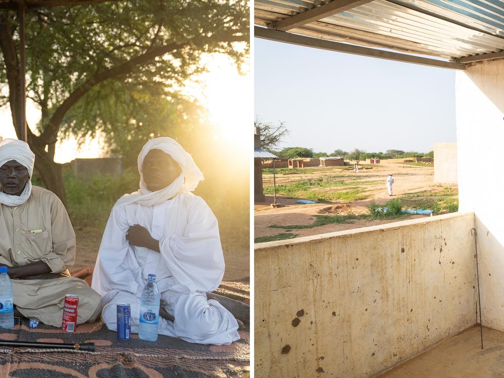 Left: Aduraman Idriss Ibrahim (center), sits with other Chadian community leaders in the Kounougou refugee camp near Guéréda, Chad. Right: A meeting between Chadian community leaders and members of the Kounougou refugee camp near Guéréda, Chad. They meet to solve problems together and avoid conflict.