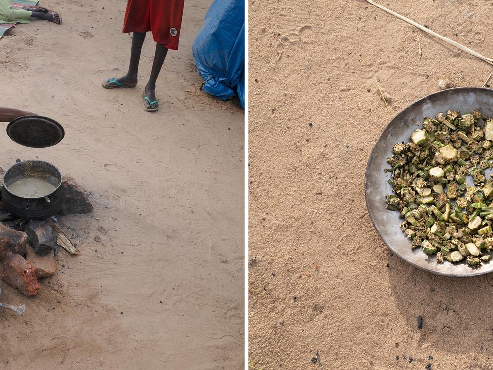 Left: A Sudanese woman shows her evening meal, a porridge made of a mix of flour and water. Right: Dried Okra sits in a dish in the spontaneous settlement in Adré, Chad.