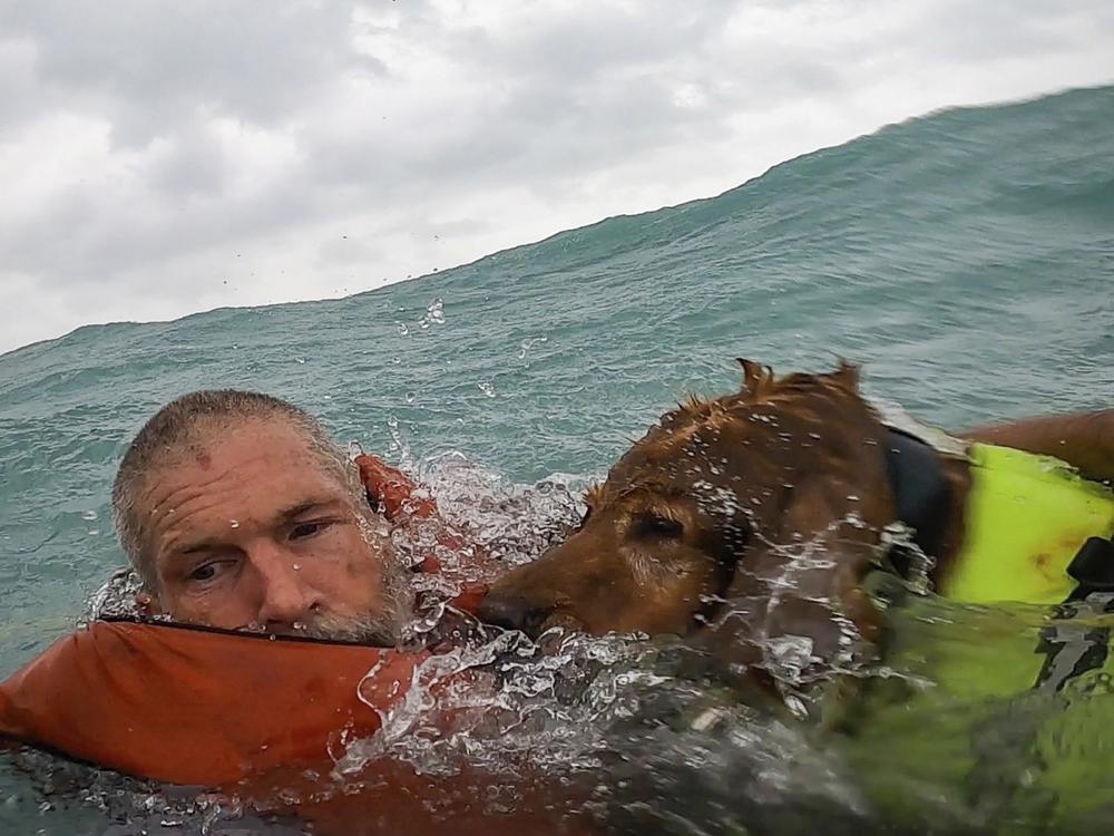 This photo provided by U.S. Coast Guard District Seven (@USCGSoutheast) shows a man and his dog being rescued after his sailboat became disabled during Hurricane Helene approximately 25 miles off Sanibel Island, Fla., on Thursday, Sept. 26, 2024.