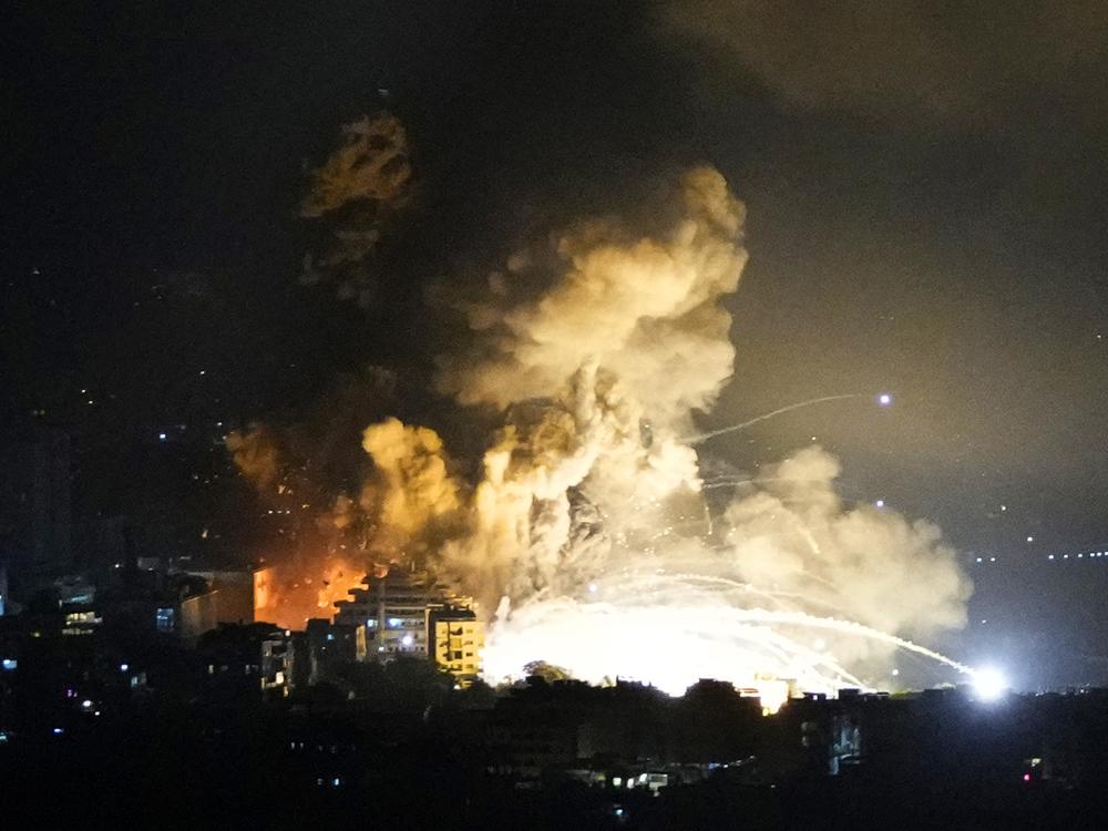 Smoke rises from Israeli airstrikes in Beirut's southern suburbs on Saturday.
