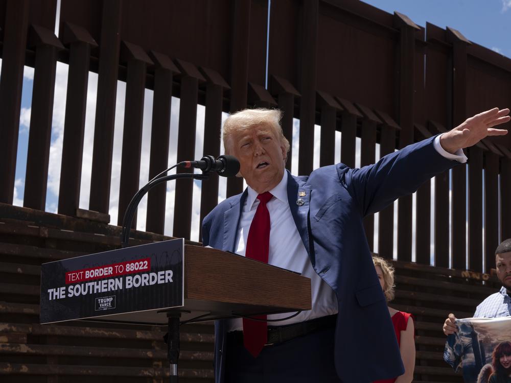 Former President Donald Trump speaks at the U.S.-Mexico border on Aug. 22, 2024 south of Sierra Vista, Ariz.