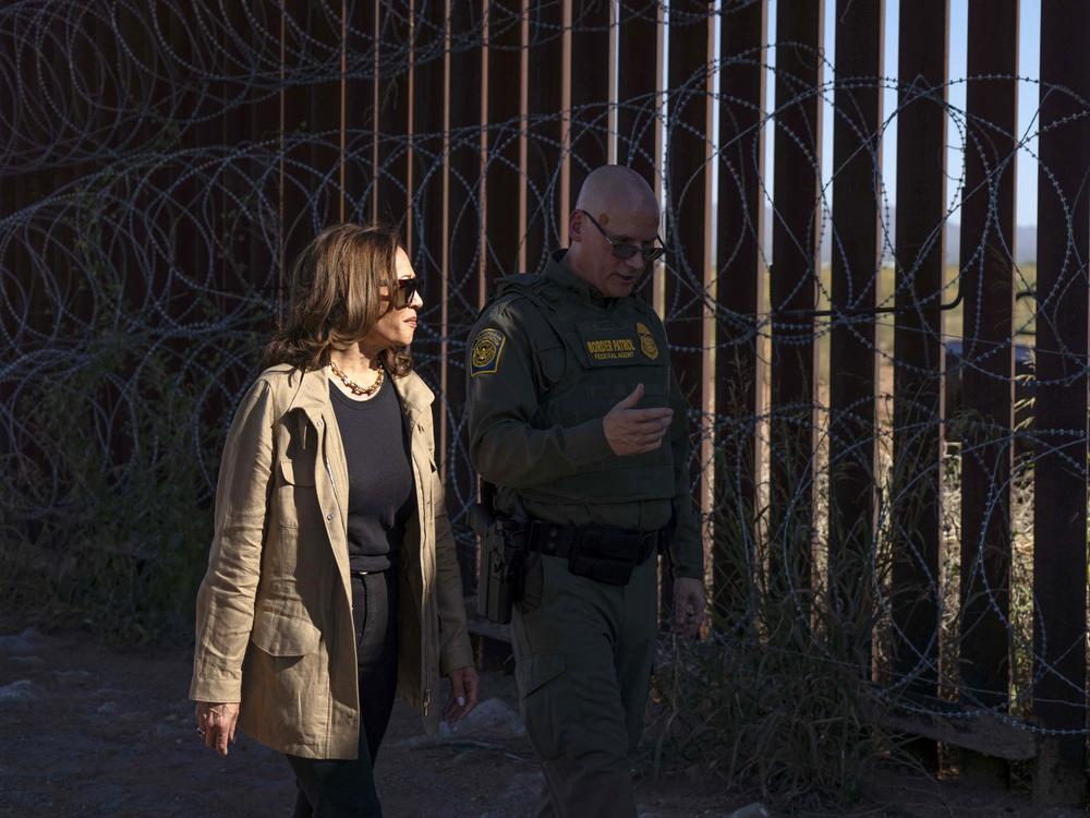 Vice President Harris visits the U.S.-Mexico border with Border Patrol Tucson Sector chief John Modlin in Douglas, Ariz., on Sept. 27, 2024.